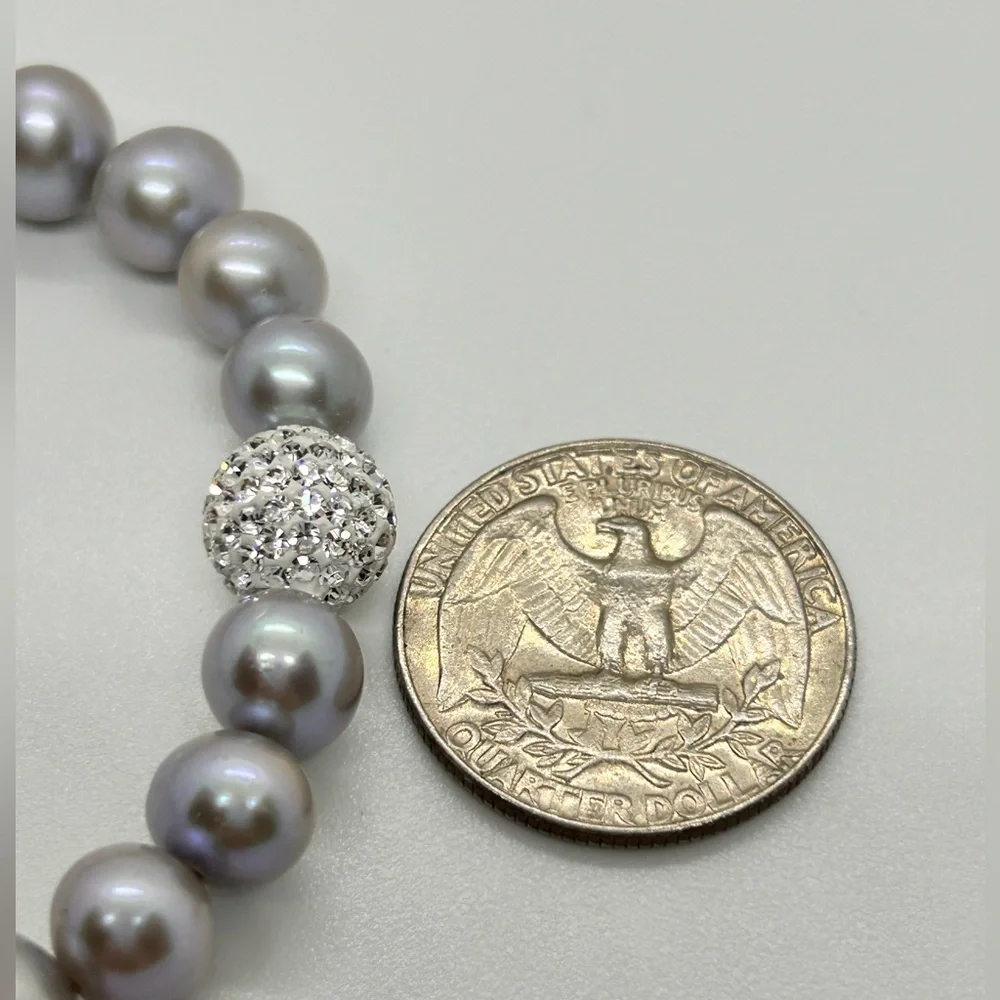 8-9mm Grey Freshwater Pearl Disco Ball Crystal Stretch Bracelet